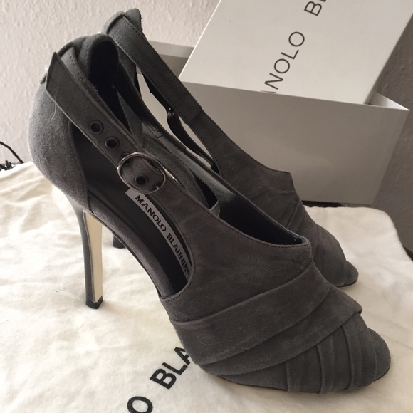 Manolo Blahnik Gray Suede Peep Toe Heels - Picture 5 of 8